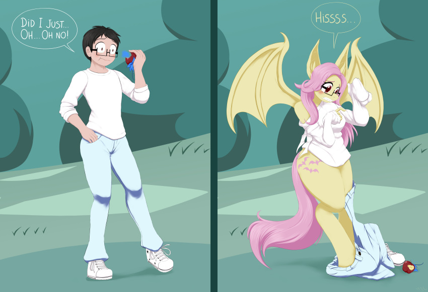 2021 absurd_res anthro bat_pony before_and_after black_hair bottomwear breast_growth breasts clenched_teeth clothing cutie_mark dialogue eating english_text equid eyewear female flutterbat_(mlp) fluttershy_(mlp) footwear friendship_is_magic gender_transformation glasses grass growth hair hasbro hi_res human human_to_anthro male mammal membrane_(anatomy) membranous_wings mentalcrash mtf_transformation my_little_pony outside pants pink_hair plant shirt shoes species_transformation standing surprise tail_growth teeth text topwear transformation white_clothing white_shirt white_topwear wing_growth wings yellow_body