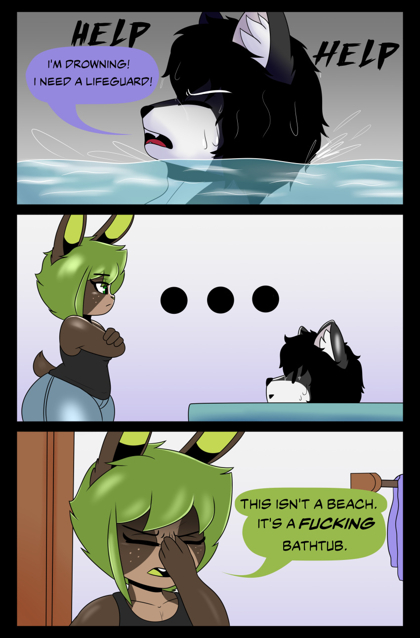 ... 2021 absurd_res anthro bathroom bathtub bec_(lobokosmico) black_hair breasts brown_body canid canine canis clothed clothing comic crossed_arms curvy_figure dialogue digital_drawing_(artwork) digital_media_(artwork) duo ear_tuft english_text female fur green_eyes green_hair grey_body grey_fur hair hand_on_face hi_res i'm_not_at_the_beach_this_is_a_bathtub lagomorph leporid lobo_(lobokosmico) lobokosmico male male/female mammal partially_submerged profanity rabbit short_stack smile speech_bubble text thick_thighs tuft water white_body white_fur wolf