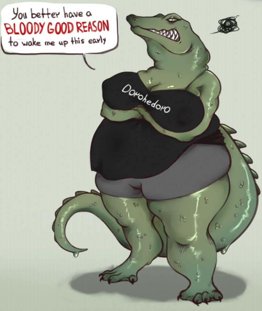 2021 4_toes alligator alligatorid angry anthro arms_under_breasts barefoot bayley_(tophale) big_breasts bottomwear breasts claws cleavage clothed clothing crocodilian dialogue dripping english_text eyelashes fake_anna feet female goo_creature green_body green_eyes green_scales half-closed_eyes hi_res huge_breasts looking_at_viewer narrowed_eyes nipple_outline non-mammal_breasts overweight overweight_anthro overweight_female pupils reptile scales scalie sharp_teeth shorts sleeveless_shirt slit_pupils solo speech_bubble standing tail_spines talking_to_viewer teeth text thick_thighs toe_claws toes
