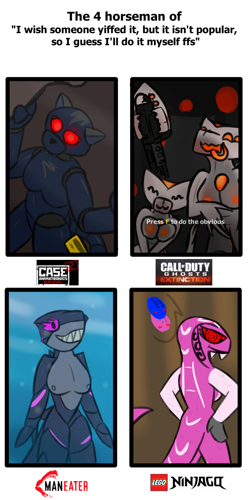absurd_res activision alien animatronic anthro aroni_sketched_(artist) call_of_duty call_of_duty:_ghosts case_animatronics cryptid_(call_of_duty) domestic_cat emma_a-1 english_text felid feline felis female fish group gun hi_res lego licking looking_at_viewer machine mammal maneater_(video_game) marine masturbation ninjago ranged_weapon reptile robot scalie self_lick selma shark snake solo text tongue tongue_out underwater video_games water weapon