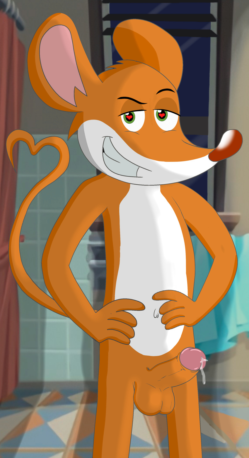 &lt;3 &lt;3_eyes absurd_res animal_humanoid aroused bathroom bedroom_eyes bodily_fluids collaboration dimly_lit erection genital_fluids genitals geronimo_stilton geronimo_stilton_(series) hands_on_hips heart_tail hi_res humanoid leaking_precum looking_at_viewer male mammal mammal_humanoid mouse mouse_humanoid mrwhiskerz murid murid_humanoid murine murine_humanoid narrowed_eyes night nude penis precum rai_fiction rodent rodent_humanoid seductive smile smiling_at_viewer solo