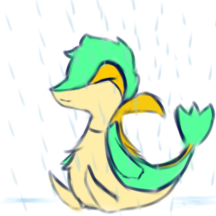 1:1 ambiguous_gender anthro eyes_closed fluffy green_body hi_res markings_(fur) nintendo one_eye_obstructed pok&eacute;mon pok&eacute;mon_(species) raining reptile scalie simple_background snivy snoiifoxxo solo tan_body video_games white_background