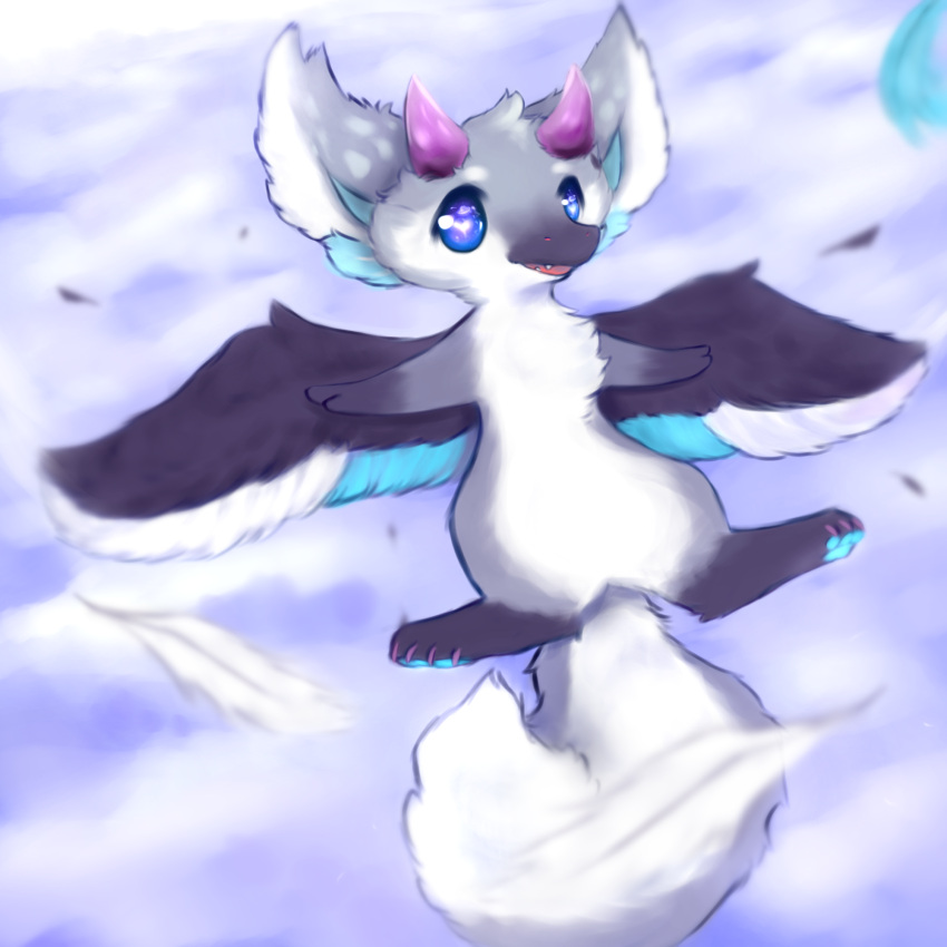 1:1 ambiguous_gender anthro black_body black_fur blue_eyes blue_pawpads blue_sclera dragon feathered_dragon feathers fluffy fluffy_tail fur furred_dragon hi_res horn hybrid markings_(fur) pawpads paws simple_background smile snoiifoxxo solo spread_wings tuft white_body white_fur wings