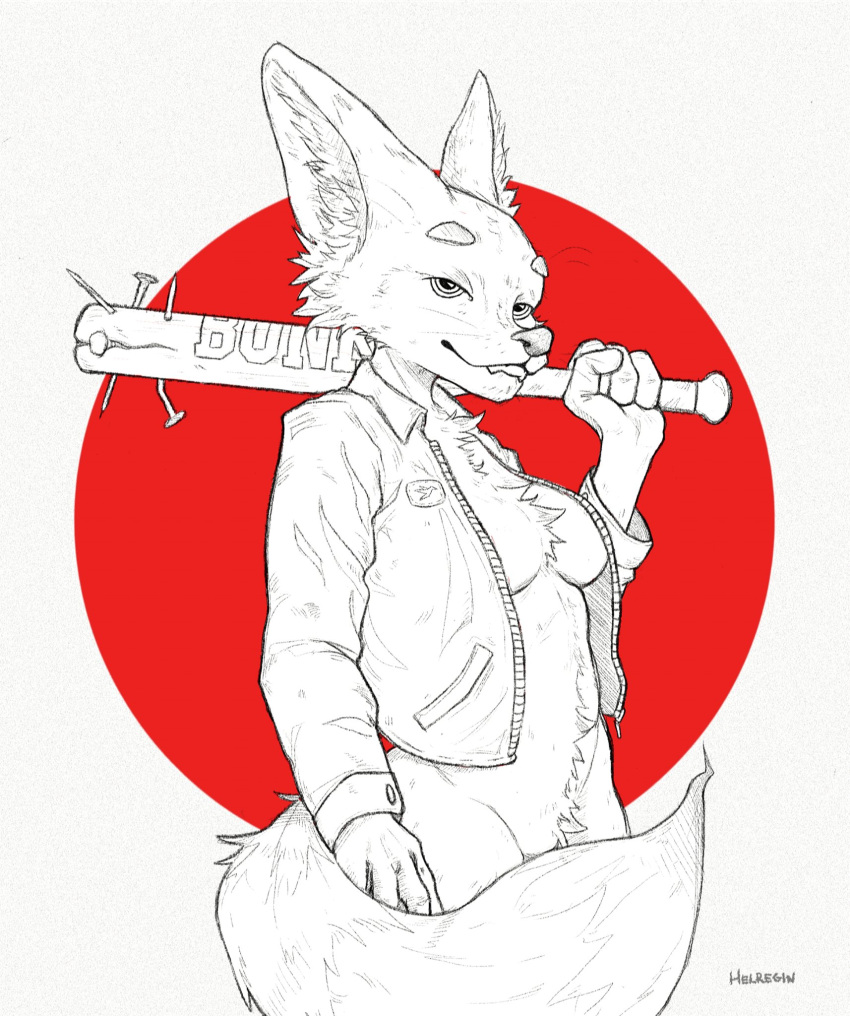 4_fingers anthro baseball_bat bat_(object) bigears bite biting_lip blackandwhite canid canine clothing female fingers fluffy fluffy_tail fox helregin hi_res jacket leather leather_clothing leather_jacket leather_topwear mammal partial_nudity smile smirk solo topwear weapon weapon_on_shoulder