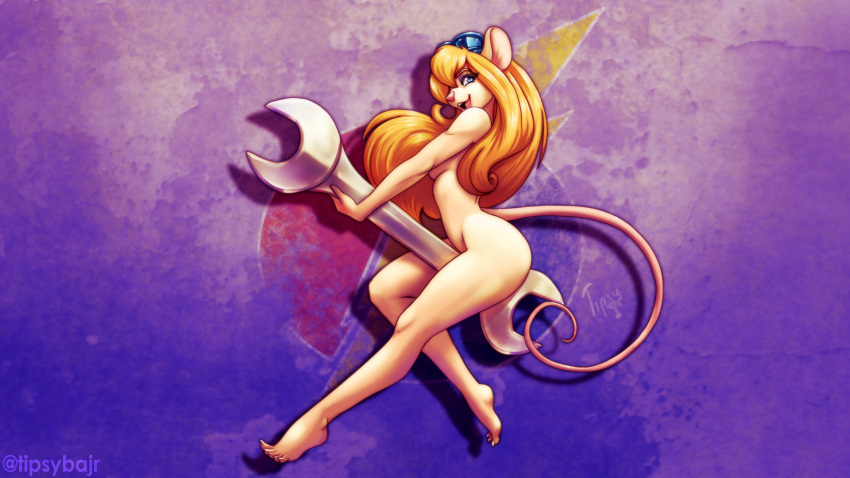 16:9 anthro blonde_hair blue_eyes chip_'n_dale_rescue_rangers claws disney eyewear eyewear_only female gadget_hackwrench goggles goggles_on_head goggles_only hair hi_res mammal mouse mouse_tail murid murine nude pink_nose pink_tail pinup pinup_pose pose rodent solo tipsybajr toe_claws tools widescreen wrench