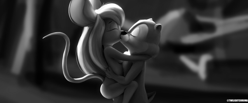 absurd_res breasts chip_'n_dale_rescue_rangers chip_(disney) chipmunk digital_media_(artwork) disney duo embracing_another female fur gadget_hackwrench ground_squirrel hair hi_res hug kissing male male/female mammal monochrome mouse murid murine nude rodent sciurid twilightchroma widescreen