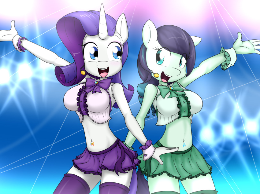 2018 anthro big_breasts black_hair blue_eyes bottomwear bow_tie breasts clothing coloratura_(mlp) crop_top detailed_background digital_media_(artwork) duo equid equine eyelashes female fingers friendship_is_magic fur green_body green_fur hair hasbro hi_res highlights_(coloring) horse huge_breasts mammal midriff midriff_baring_shirt multicolored_hair my_little_pony navel navel_piercing piercing pony purple_hair rarity_(mlp) sandwich-anomaly shirt skirt smile standing teal_eyes teal_hair teal_highlights teeth tongue topwear white_body white_fur