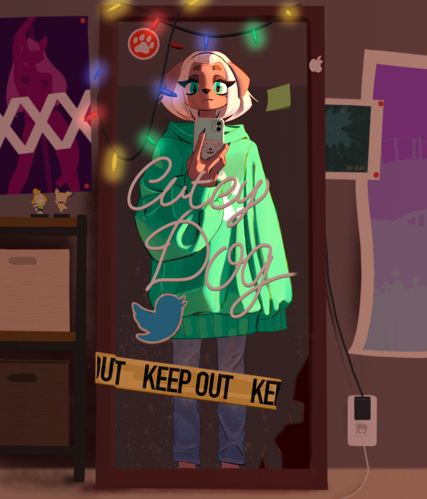 absurd_res amiibo anthro baggy_clothing canid canine canis clothed clothing domestic_dog english_text female fully_clothed green_eyes hi_res kemari lime_(kemari) mammal mirror mirror_selfie phone selfie solo standing sweater text topwear