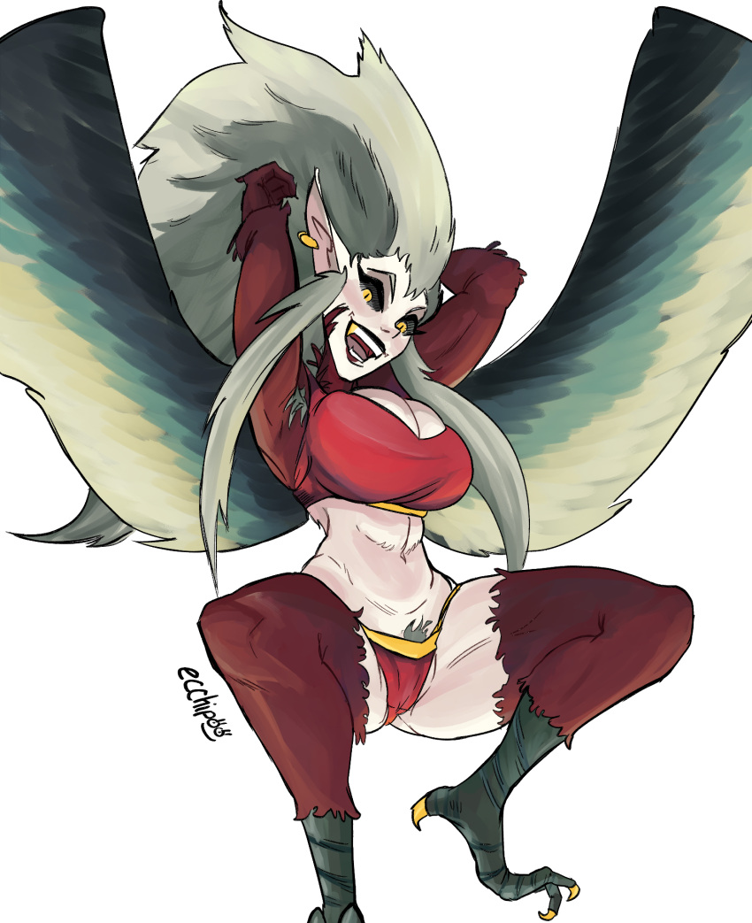 animal_humanoid avian avian_humanoid big_breasts bird bird_humanoid black_sclera breasts camel_toe cleavage clothed clothing crouching disney ecchipoo eda_clawthorne european_mythology feathers female greek_mythology grey_body grey_feathers grey_hair hair hands_behind_head harpy harpy_humanoid hi_res humanoid humanoid_pointy_ears hybrid mammal monster_girl_(genre) mythological_avian mythology owl owl_humanoid panties pubes simple_background solo talons the_owl_house underwear white_background wings witch_(the_owl_house) yellow_eyes