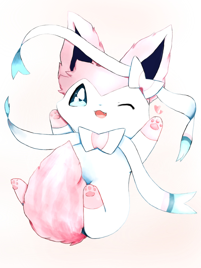 &lt;3 3:4 ambiguous_gender blue_eyes blue_sclera eeveelution fangs feral fluffy fluffy_tail fur hi_res mammal markings_(fur) nintendo one_eye_closed open_mouth pawpads paws pink_body pink_fur pink_pawpads pok&eacute;mon pok&eacute;mon_(species) ribbons simple_background smile snoiifoxxo solo sylveon tail_between_legs tuft video_games white_background white_body white_fur