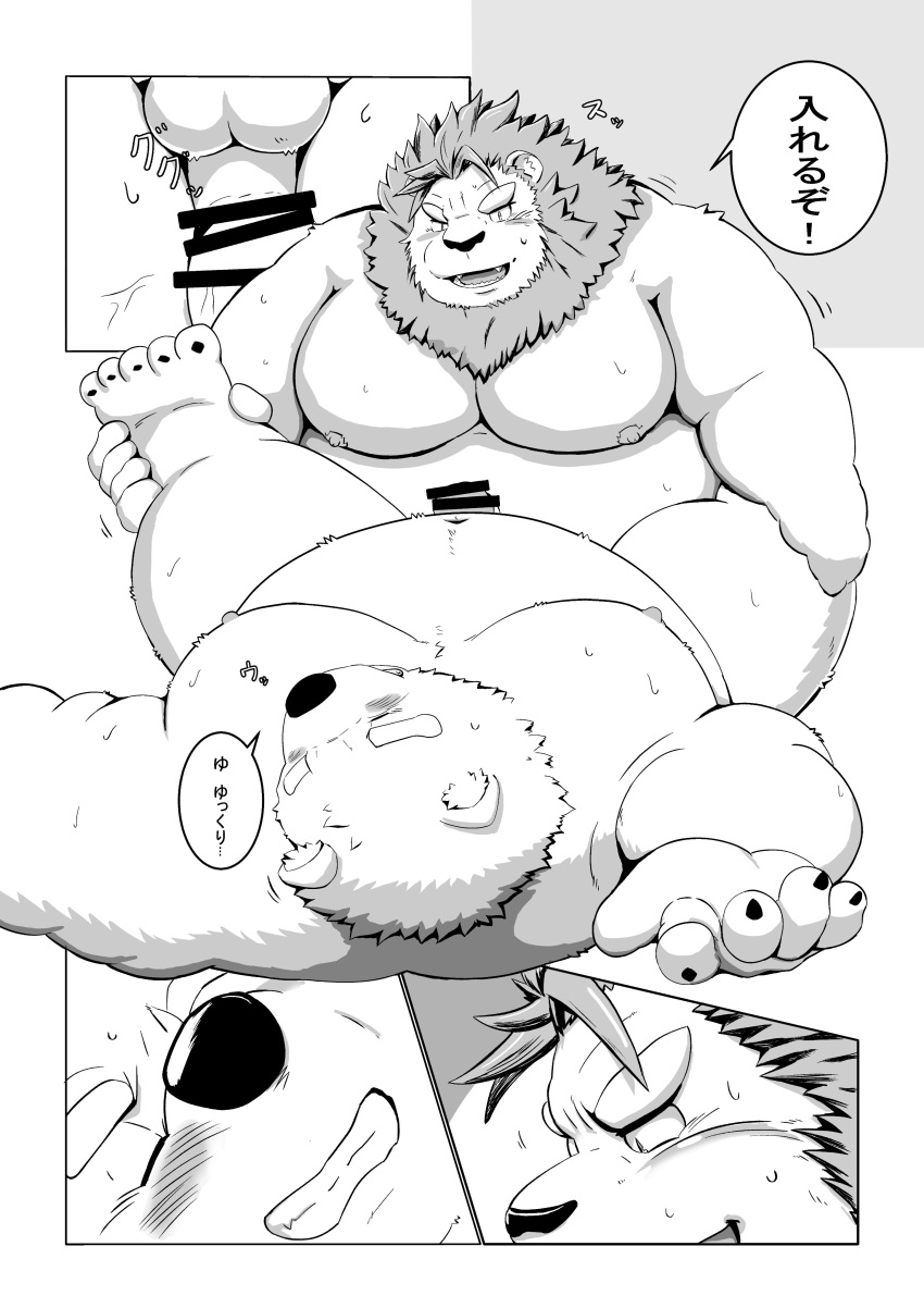 2021 absurd_res anal anthro balls belly blush bodily_fluids censored comic duo eyes_closed felid genitals hi_res japanese_text kemono kumajjjj lion male male/male mammal monochrome moobs nipples overweight overweight_male pantherine sex sweat text ursid