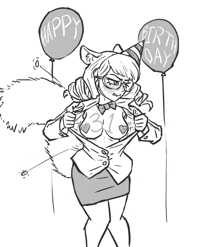 animal_humanoid balloon birthday birthday_hat blouse blush bottomwear bow_tie breasts casimira_(orannis0) clothing drill_curls eyewear female glasses hair hi_res humanoid inflatable lucidlemon_(artist) mammal mammal_humanoid monochrome pasties rodent rodent_humanoid sciurid sciurid_humanoid sketch skirt solo squirrel_humanoid topwear tree_squirrel_humanoid