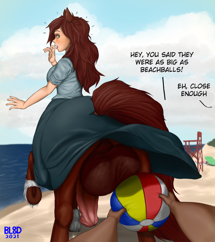 2021 absurd_res ambiguous_gender backsack ball balls beach beach_ball bluebl8d cailey_steud centaur clothed clothing cloud disembodied_hand english_text equid equid_taur equine equine_taur eyebrows first_person_view genitals group gynomorph hair hi_res holding_object hooves humanoid_taur inflatable intersex long_hair mammal mammal_taur open_mouth outside penis public seaside solo_focus taur text underhoof