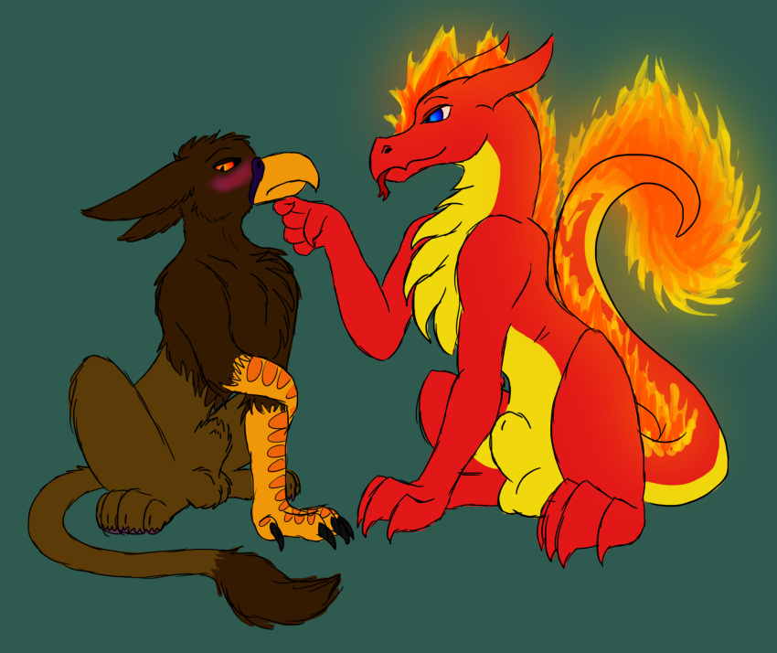 2019 animal_genitalia avian balls blue_eyes blush cere_(anatomy) chest_spike countershading digital_drawing_(artwork) digital_media_(artwork) dragon duo embarrassed eye_contact feral finger_under_chin fire flaming_hair flaming_mane flirting fully_sheathed genitals green_background griffon_(void_lizard) grin gryphon hi_res line_art long_ears looking_aside looking_at_another looking_away male male/male mythical mythological_avian mythology orange_eyes pseudo_hair pseudo_mane reptile salamander_(void_lizard) scalie sheath simple_background sitting smile smirk spikes spikes_(anatomy) tail_flame tail_tuft teasing tongue tongue_out tuft void_lizard