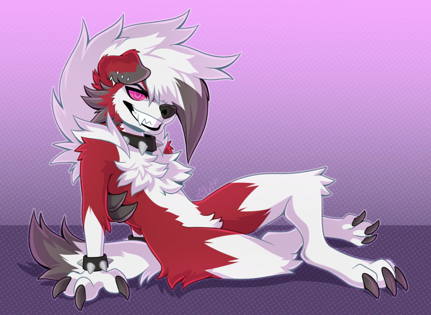 00 2021 anthro black_lips black_nose canid canine citrinelle collar digital_media_(artwork) ear_piercing ear_ring fur hair hi_res lips lycanroc male mammal midnight_lycanroc nintendo piercing pink_eyes pok&eacute;mon pok&eacute;mon_(species) red_body red_fur smile solo video_games white_body white_fur white_hair