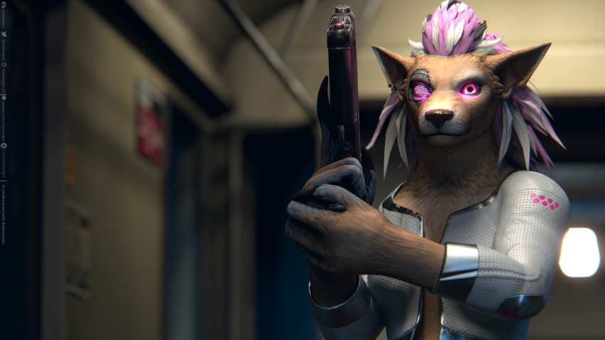 16:9 2021 3d_(artwork) 3dsmax 4_fingers 4k absurd_res alekksandar anthro bionic_eye bionics black_nose blizzard_entertainment canid clothed clothing conditional_dnp cybernetic_eye digital_media_(artwork) female fingers fur futuristic gun hair handgun hi_res holding_object holding_weapon inside jacket looking_at_viewer mammal pink_eyes pink_hair pistol ranged_weapon solo subway tan_body tan_fur text thatworgen topwear train url vehicle video_games warcraft watermark weapon were werecanid white_body white_fur white_hair widescreen worgen