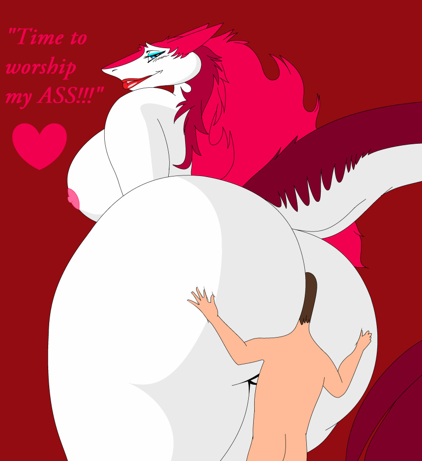 &lt;3 2015 absurd_res anthro between_butt big_breasts big_butt bigboy4025_(artist) blue_eyes breasts butt duo english_text eyeshadow female hair hi_res human lips lipstick makeup male male/female mammal nipples nude red_background red_hair red_text roxanne_bubbles sergal simple_background stinkface text white_body worship