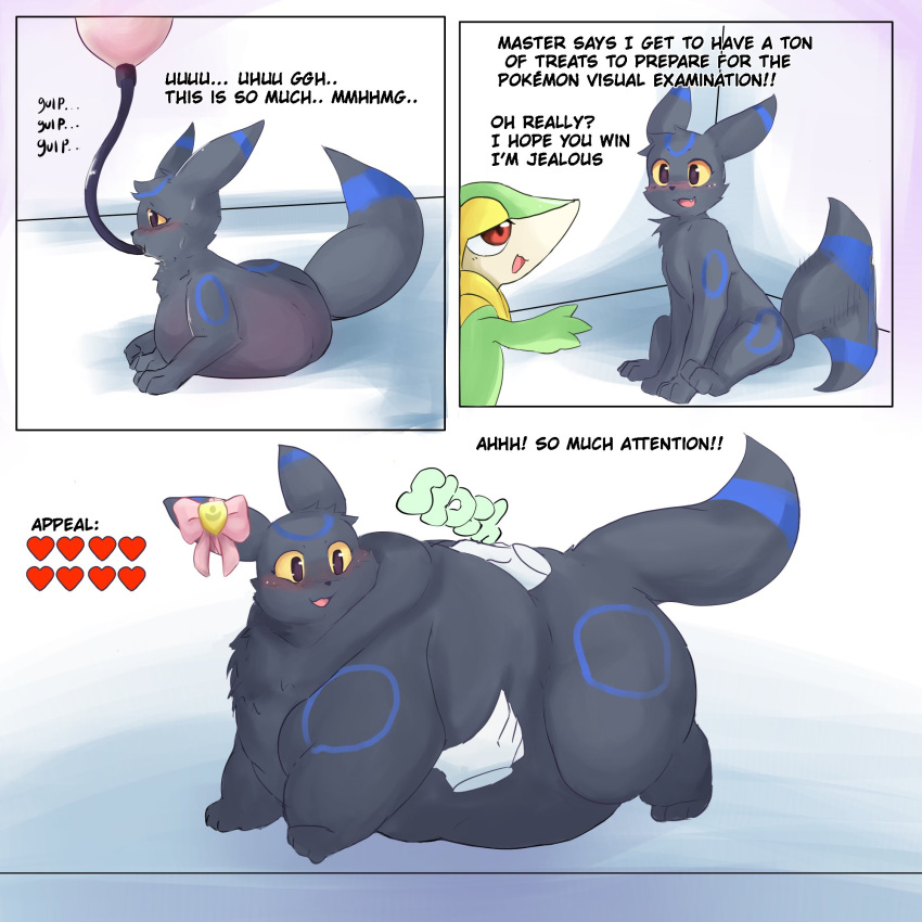 &lt;3 1:1 belly big_belly black_body black_fur blue_body blue_fur chest_tuft dialogue disembodied_hand duo eeveelution english_text feral fur green_body green_fur hi_res male narrowed_eyes nintendo obese overweight overweight_feral overweight_male pok&eacute;mon pok&eacute;mon_(species) red_eyes ribbons sitting snivy text thick_thighs tsuchiinokocoin tube tuft umbreon video_games weight_gain white_body white_fur yellow_body yellow_fur yellow_sclera