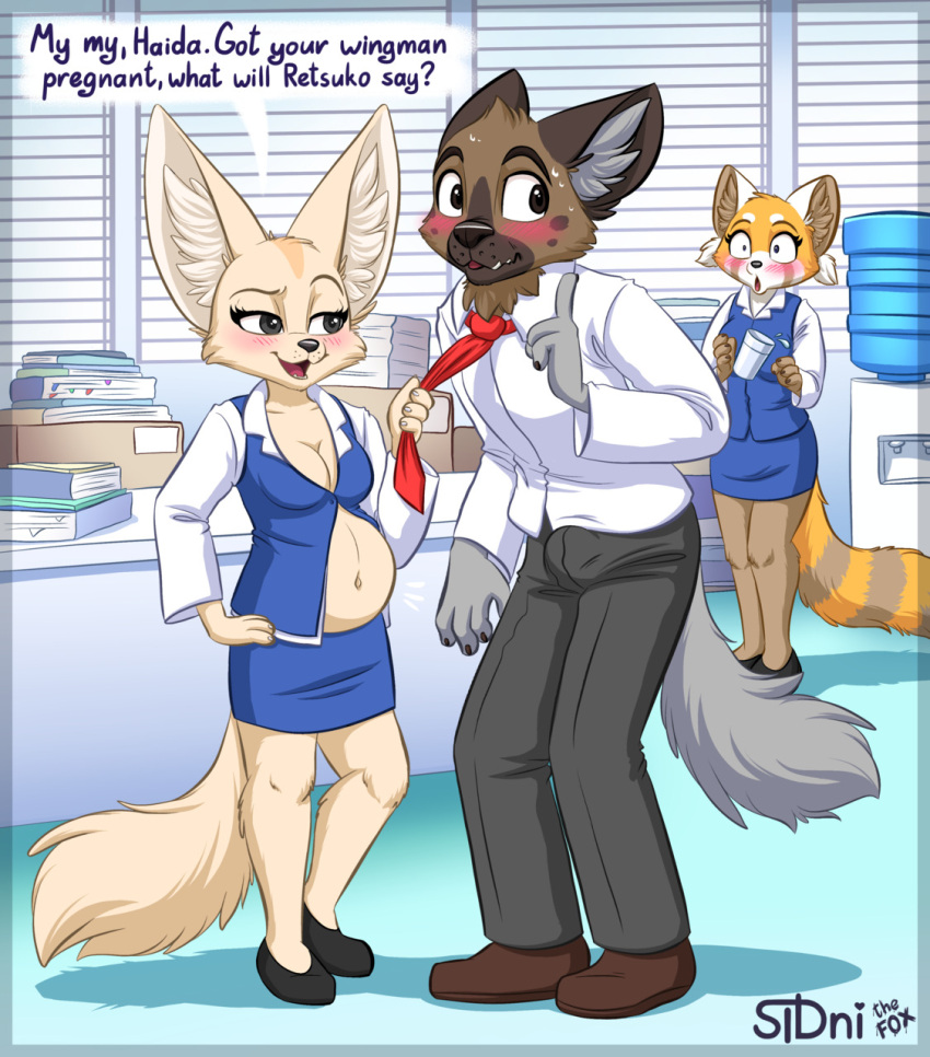 2021 aggressive_retsuko ailurid anthro belly big_belly blush breasts bulge canid canine cel_shading clothed clothing clothing_pull digital_media_(artwork) duo female fennec fenneko fox fur haida hi_res hyaenid male mammal necktie necktie_pull open_mouth pregnant red_panda retsuko sanrio shaded sidnithefox spotted_hyena surprised_expression tagme text topwear workplace