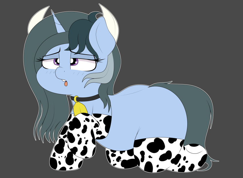 absurd_res airsicksubset all_fours animal_print belly big_butt blitzy_flair blush bovid_horn bovine_horn butt butt_focus clothing collar cow_horn cow_print cowbell dialogue english_text equid equine fan_character female friendship_is_magic grey_hair grey_tail hair half-closed_eyes hasbro hi_res horn horse legwear looking_back looking_pleasured mammal my_little_pony narrowed_eyes open_mouth pony purple_eyes simple_background slightly_chubby slightly_chubby_female solo text thick_thighs thigh_highs tongue tongue_out unicorn