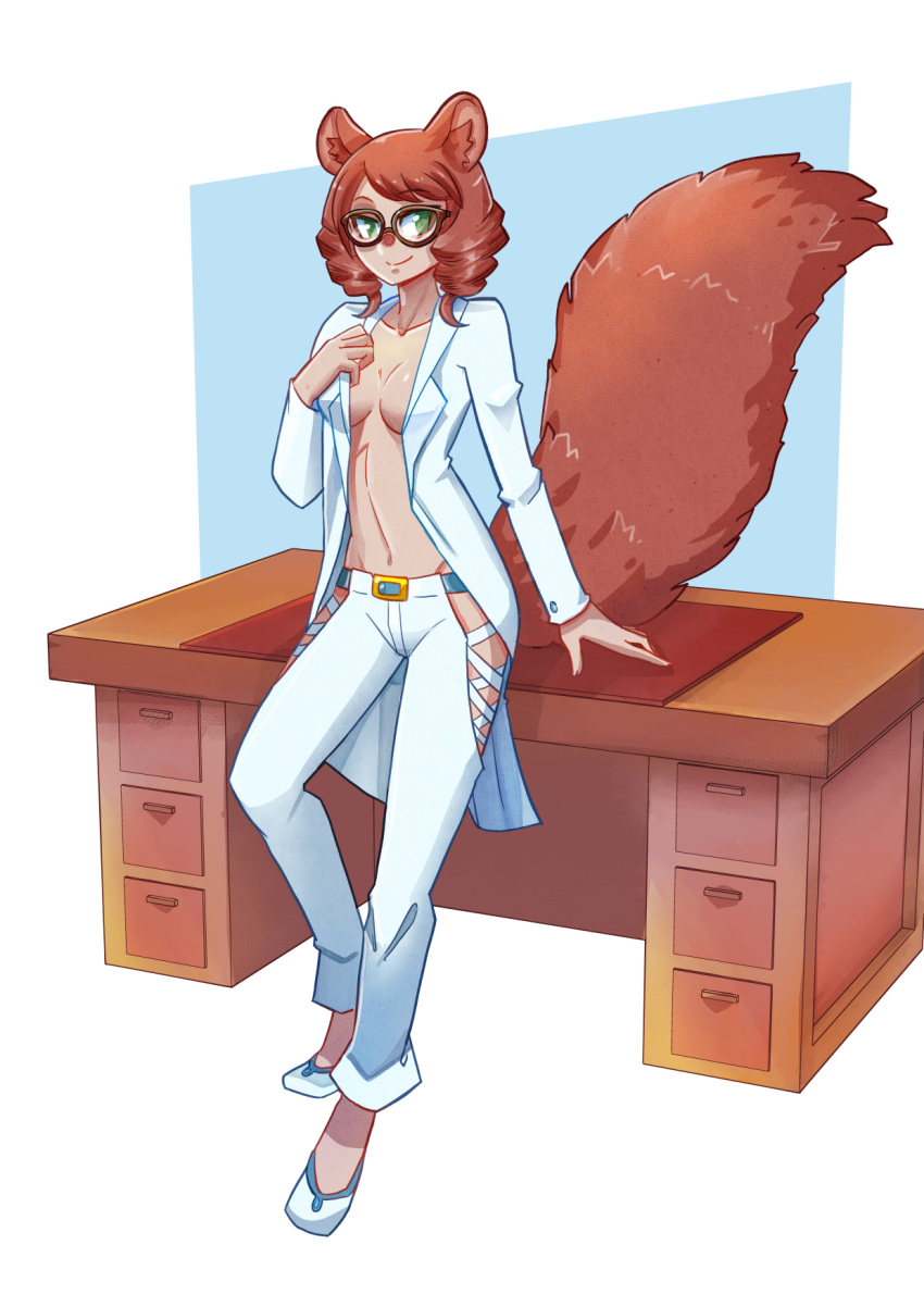 animal_humanoid casimira_(orannis0) clothing desk drill_curls eyewear female fluffy fluffy_tail furniture glasses hair hi_res humanoid iamre inner_boob mammal mammal_humanoid pinup pose rodent rodent_humanoid sciurid sciurid_humanoid solo squirrel_humanoid suit tree_squirrel_humanoid