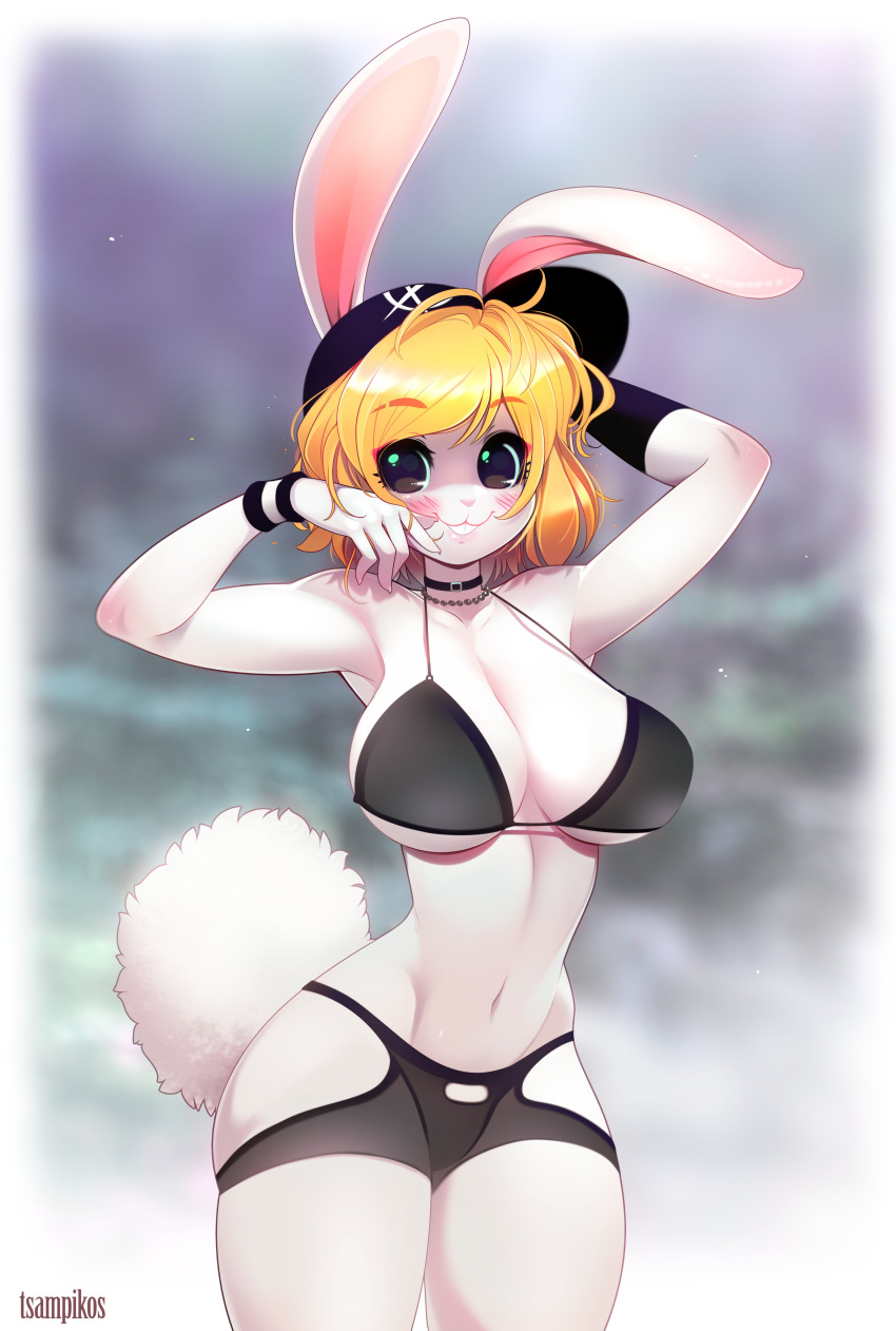 2021 5_fingers :3 absurd_res anthro big_breasts black_bra black_clothing black_underwear blonde_hair bra breasts carrot_(one_piece) clothed clothing curvaceous curvy_figure digital_media_(artwork) eyebrows eyelashes female fingers fur hair hi_res lagomorph leporid mammal minkmen_(one_piece) navel one_piece rabbit smile solo thick_thighs tsampikos underwear voluptuous white_body white_fur