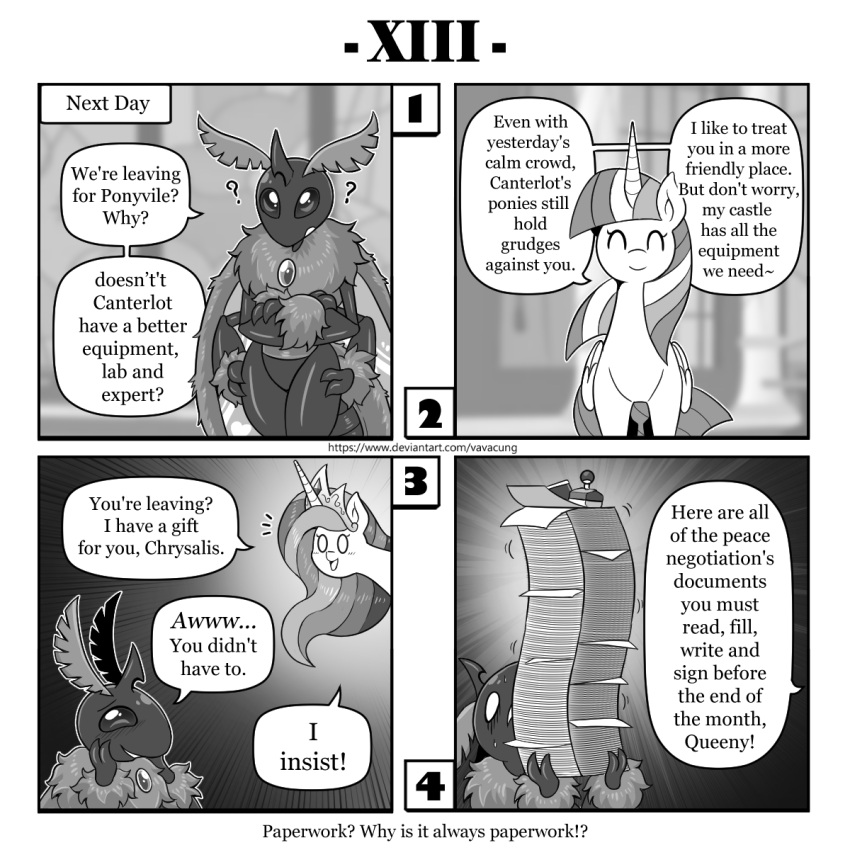 1:1 ? arthropod comic confusion crown dialogue english_text equid equine fluffy friendship_is_magic hasbro hi_res horn insect lepidopteran mammal monochrome moth my_little_pony paper paperwork princess_celestia_(mlp) queen_chrysalis_(mlp) stamp text tiara twilight_sparkle_(mlp) url vavacung winged_unicorn wings