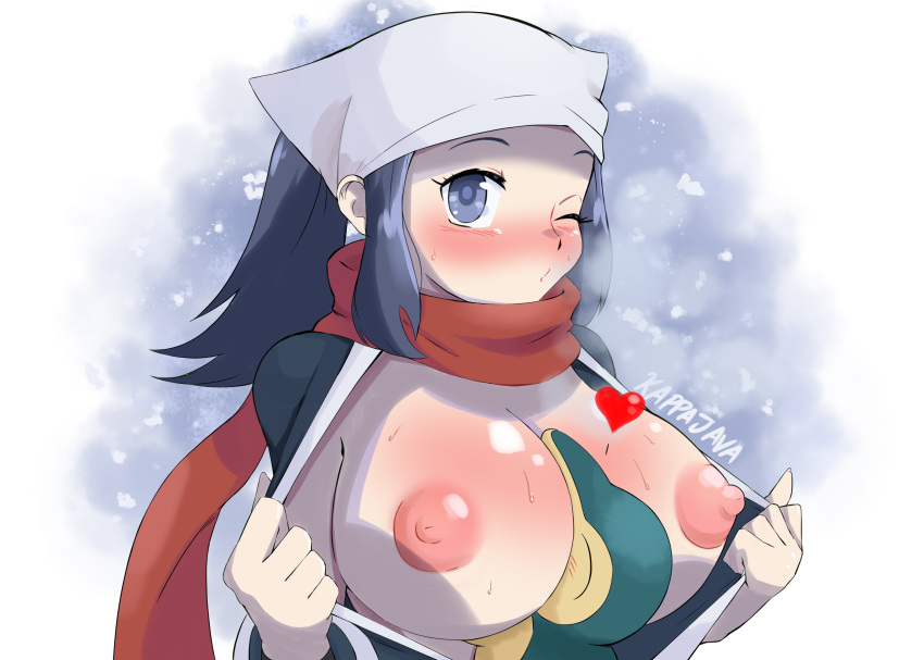 &lt;3 akari_(pokemon) areola between_breasts big_breasts blush bodily_fluids breast_smother breasts clothed clothing cyndaquil duo eyes_closed female female_on_feral feral hi_res human kappajava looking_at_viewer male mammal nintendo nipples one_eye_closed open_clothing open_shirt open_topwear pok&eacute;mon pok&eacute;mon_(species) pokemon_legends_arceus scarf shirt smothering snow snowing sweat topwear video_games white_body white_skin wink