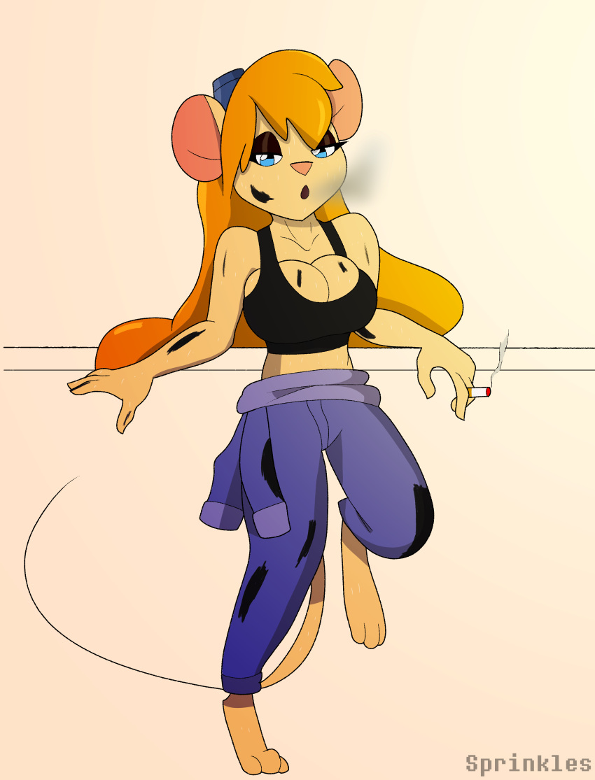 absurd_res anthro big_breasts black_eyeshadow blonde_hair breasts chip_'n_dale_rescue_rangers cigarette cleavage clothed clothing disney eyeshadow female fur gadget_hackwrench hair hi_res makeup mammal mouse murid murine pink_nose rodent shirt smoking solo sprinkles_(artist) tan_body tan_fur tank_top topwear