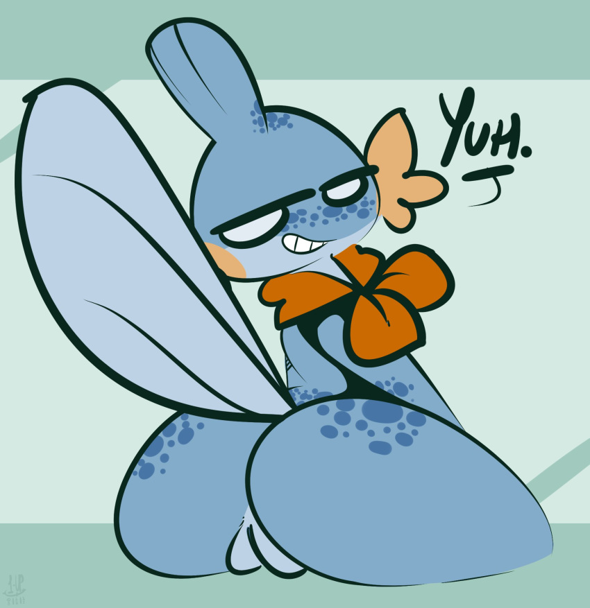 1-upclock anthro dialogue english_text female genitals hi_res mabel_(1-upclock) mostly_nude mudkip nintendo pok&eacute;mon pok&eacute;mon_(species) presenting presenting_pussy pussy simple_background solo text video_games watermark