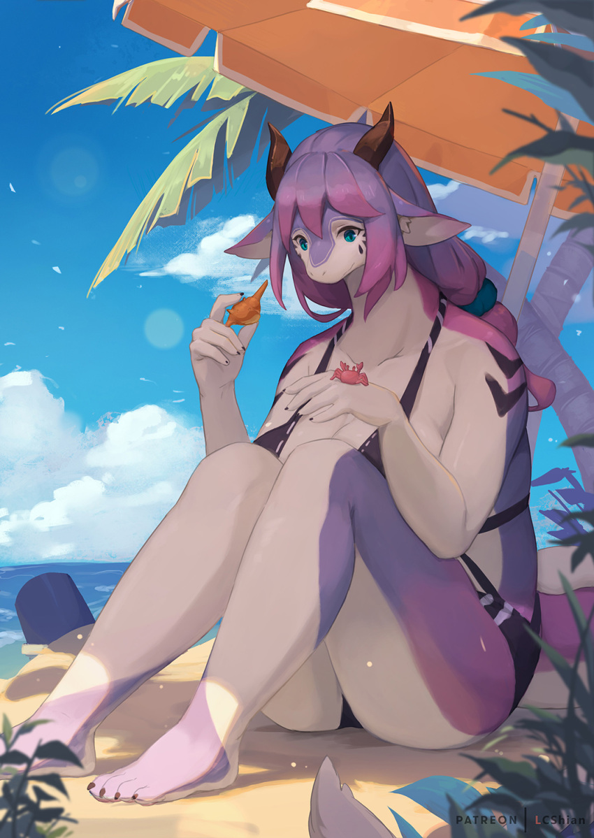 2021 4_toes 5_fingers accessory anthro barefoot beach beach_umbrella big_breasts blue_eyes breasts bucket claws cleavage clothed clothing cloud container day digital_media_(artwork) dragon feet female finger_claws fingers hair hair_accessory hair_tie hi_res holding_object horn kemono lanya_(shian) long_hair multicolored_body multicolored_hair on_ground outside palm_tree pawpads pink_body pink_hair pink_pawpads plant purple_body purple_hair sand sea seashell seaside shaded shadow shell shian sitting sky solo swimwear toe_claws toes tree umbrella water white_body wingless_dragon