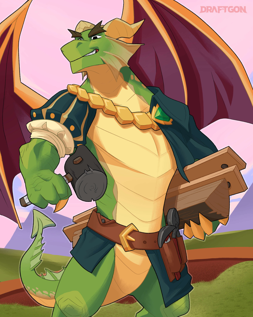 4:5 absurd_res activision anthro belt claws clothing draftgon dragon green_body hammer hi_res horn male nestor_(spyro) outside rescued_dragons_(spyro) scalie solo spyro_reignited_trilogy spyro_the_dragon standing tools video_games wings wood