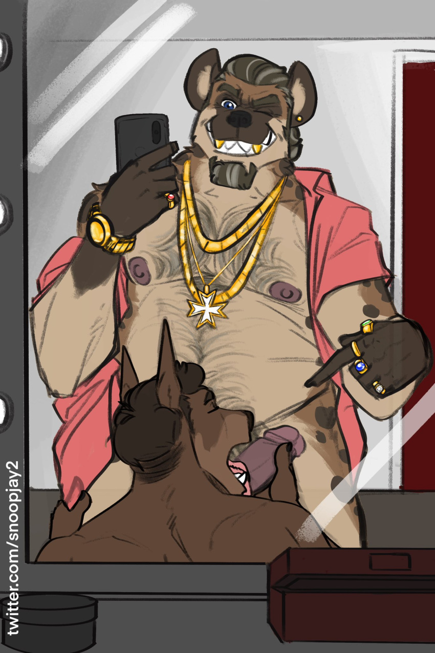 anthro body_hair bottomless brown_body brown_fur canid canine canis chest_hair clock clothed clothing desmond_sutherland dobermann domestic_dog duo erection facial_hair fur genitals goatee gold_(metal) gold_jewelry gold_tooth hair hi_res hyaenid jewelry licking male male/male mammal mature_anthro mature_male mirror mirror_selfie necklace nipples one_eye_closed open_clothing open_topwear oral overweight penile penis penis_lick phone pinscher pubes ring selfie sex slightly_chubby snoopjay2 spotted_hyena tongue tongue_out topwear watch wink wristwatch