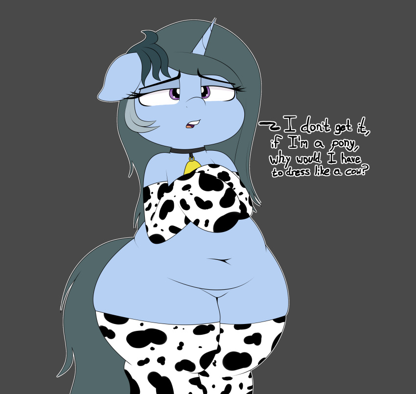 absurd_res airsicksubset animal_print belly blitzy_flair blue_body clothing cow_print cowbell dialogue english_text equid equine fan_character female friendship_is_magic grey_hair grey_tail hair half-closed_eyes hasbro hi_res horn horse legwear magic mammal my_little_pony narrowed_eyes navel open_mouth pony pudgy_belly purple_eyes slightly_chubby slightly_chubby_female solo text thick_thighs thigh_highs unicorn