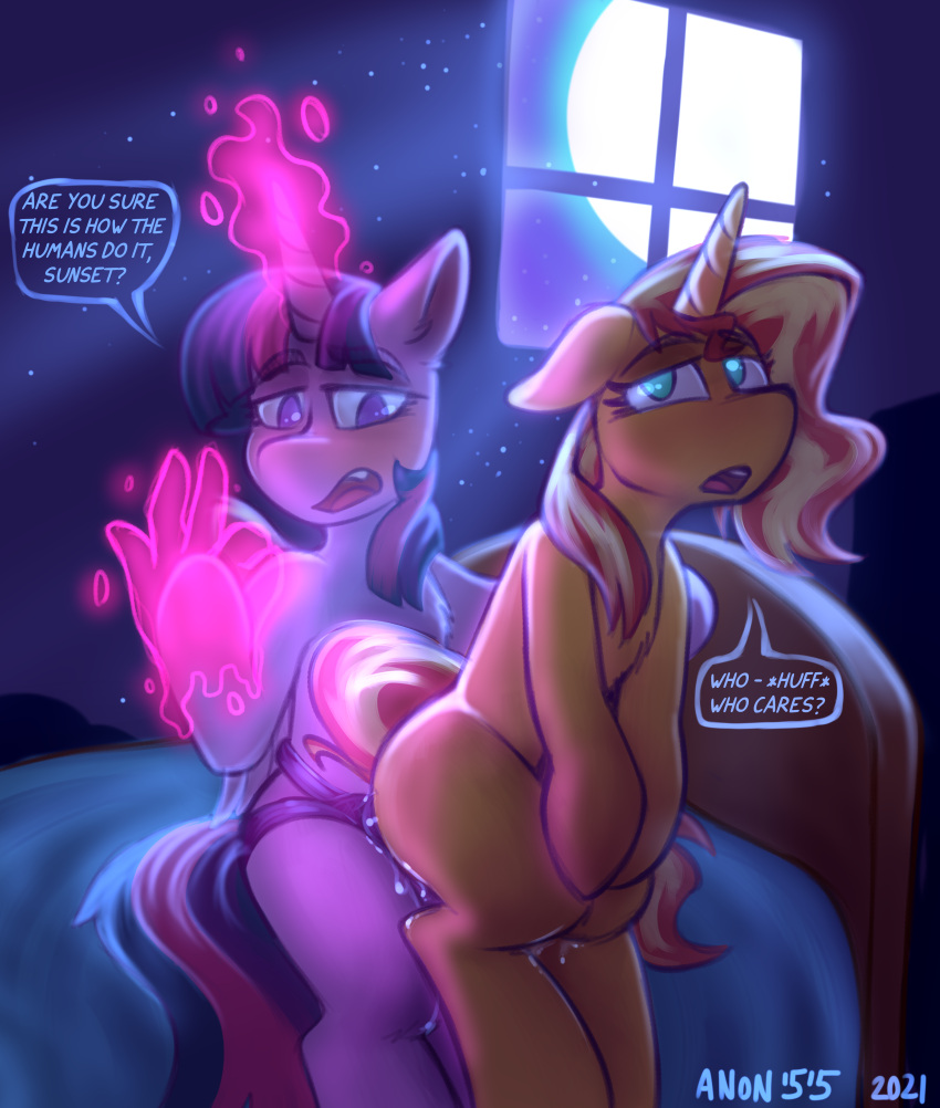 2021 absurd_res anon_1515 bed bodily_fluids dialogue digital_media_(artwork) dildo duo english_text equestria_girls equid equine eyebrows eyelashes female friendship_is_magic full_moon furniture genital_fluids hasbro hi_res horn inside mammal moon my_little_pony on_bed open_mouth sex sex_toy strapon sunset_shimmer_(eg) text twilight_sparkle_(mlp) unicorn