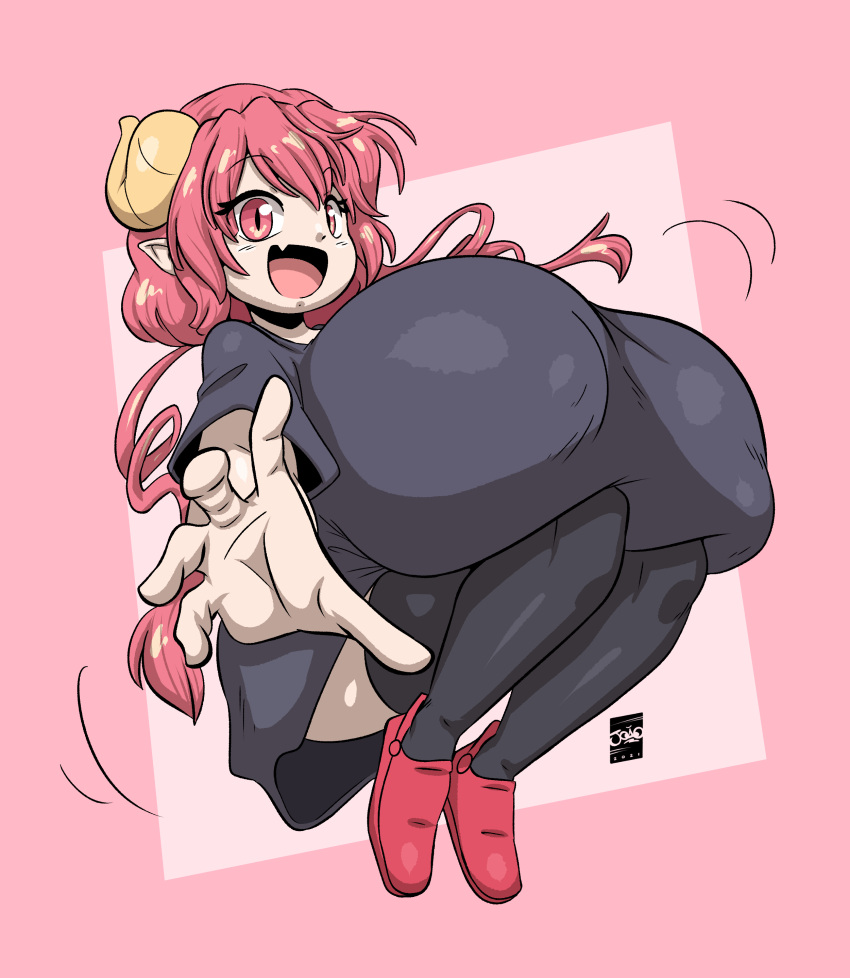 absurd_res big_breasts breasts clothed clothing female hi_res horn horned_humanoid huge_breasts humanoid hyper hyper_breasts ilulu joaoppereiraus miss_kobayashi's_dragon_maid not_furry pink_background shirt short_stack simple_background solo topwear