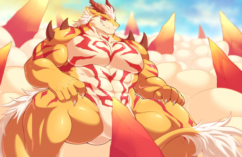 abs absurd_res anthro convenient_censorship dragon egg hair hi_res horn kulplant lingguang male markings muscular muscular_anthro muscular_male nude pecs red_eyes red_markings solo white_hair yellow_body