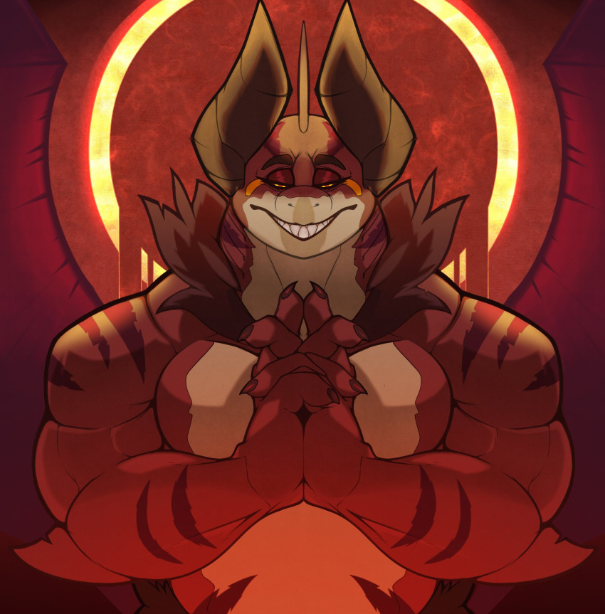 anthro clasped_hands detailed_background fin fish fur fur_tuft glowing hi_res horn jawful looking_at_viewer male marine muscular muscular_male red_body red_eyes shark solo stripes tuft