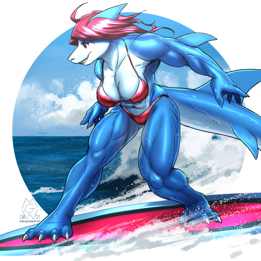 1:1 2021 absurd_res anthro blue_body breasts cleavage clothed clothing female fish hi_res marine mykegreywolf red_clothing sea shark solo surfboard surfing swimwear water