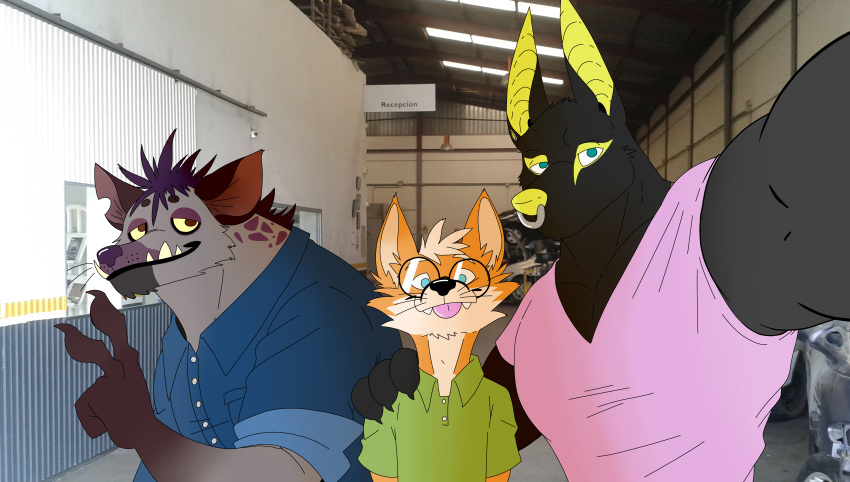 absurd_res alex_(sybervenn) anthro black_body black_fur blue_eyes canid canine canis clothing digital_media_(artwork) eyewear facial_piercing fangs fox fur glasses green_clothing green_shirt green_topwear grey_body grey_fur group hi_res humanoid hyaenid jackal khaleb_(sybervenn) male male/male mammal muscular muscular_male nose_piercing nose_ring orange_body orange_fur percings photo_background piercing pink_clothing pink_shirt pink_topwear shirt slim small_waist spotted_hyena sybervenn topwear trio uniform yellow_body yellow_fur zac_(sybervenn)