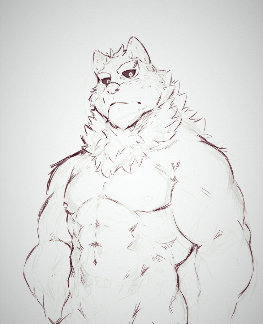abs absurd_res anthro biceps black_sclera canid canine canis domestic_dog heylaw21 hi_res husky live-a-hero male mammal monomasa muscular muscular_anthro muscular_male navel neck_tuft nordic_sled_dog pecs shirtless sketch solo spitz tuft video_games