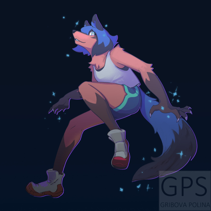 1:1 absurd_res anthro biped blue_hair blush bottomwear brand_new_animal brown_body brown_fur canid canine clothed clothing female footwear fur hair hi_res mammal michiru_kagemori polinagribova shirt shoes shorts simple_background solo sparkles studio_trigger topwear