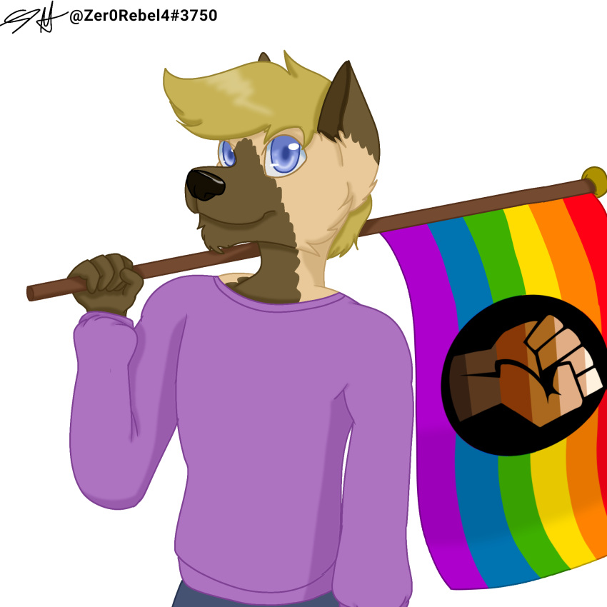 1:1 alternate_rainbow_pride_colors andromorph_(lore) anthro black_lives_matter blonde_hair brown_body brown_fur brown_markings canid canine canis clothed clothing digital_drawing_(artwork) digital_media_(artwork) dipstick_ears domestic_dog fist flag fur german_shepherd hair herding_dog hi_res holding_flag holding_object hybrid jackson_(zer0rebel4) lgbt_pride lol_comments looking_at_viewer male mammal markings multicolored_ears pastoral_dog politics pride_colors purple_eyes rainbow_flag rainbow_pride_flag rainbow_symbol solo sweater tan_body tan_fur topwear trans_(lore) trans_man_(lore) wolf zer0rebel4