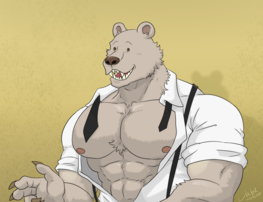 2021 abs absurd_res anthro beastars biceps brown_body brown_nose claws clothed clothing hi_res jabuhusky male mammal muscular muscular_anthro muscular_male necktie open_clothing open_shirt open_topwear pecs riz_(beastars) shadow shirt simple_background smile solo teeth topwear ursid