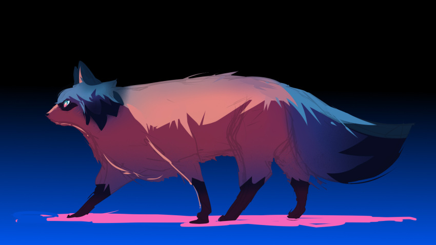 16:9 blue_body blue_fur blue_hair brand_new_animal brown_body brown_fur canid canine feral fur gradient_background hair hi_res mammal michiru_kagemori nude polinagribova quadruped raccoon_dog simple_background solo studio_trigger tanuki walking widescreen