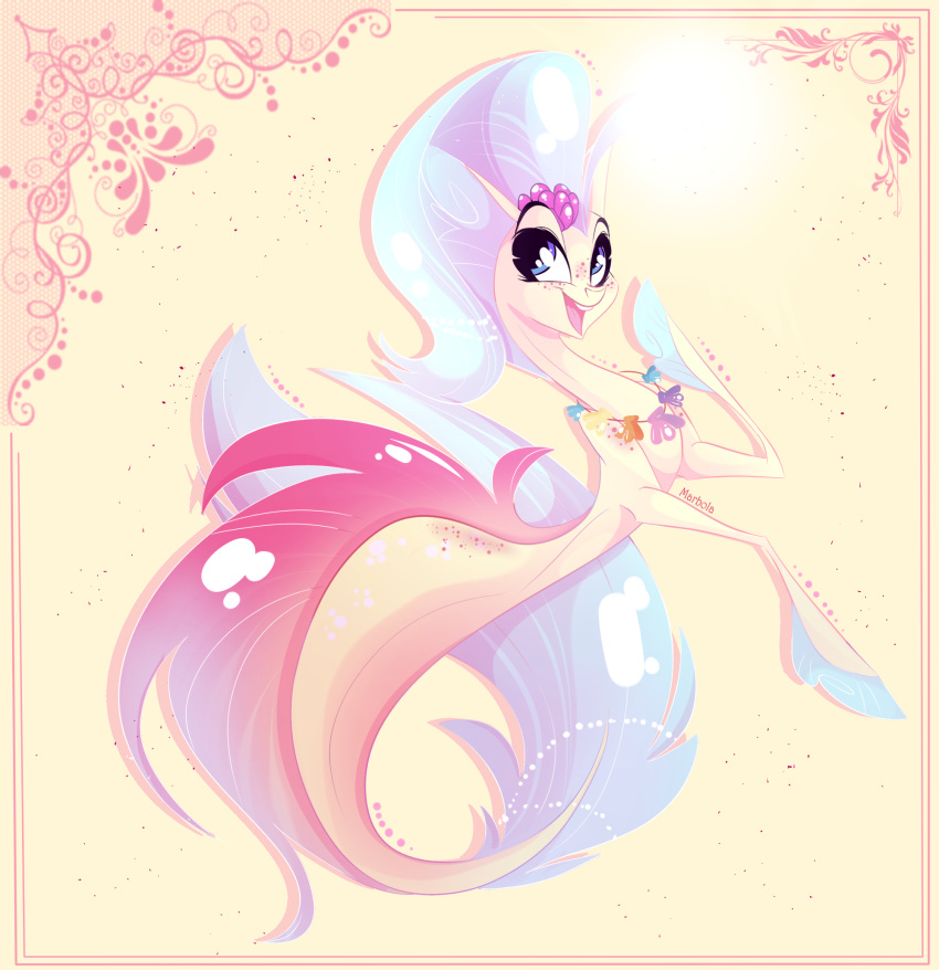 2020 bioluminescence blue_eyes blue_hair female fish freckles friendship_is_magic glowing hair hasbro hi_res jewelry marbola marine my_little_pony my_little_pony:_the_movie_(2017) necklace pose princess_skystar_(mlp) seahorse seashell shell solo syngnathid syngnathiform
