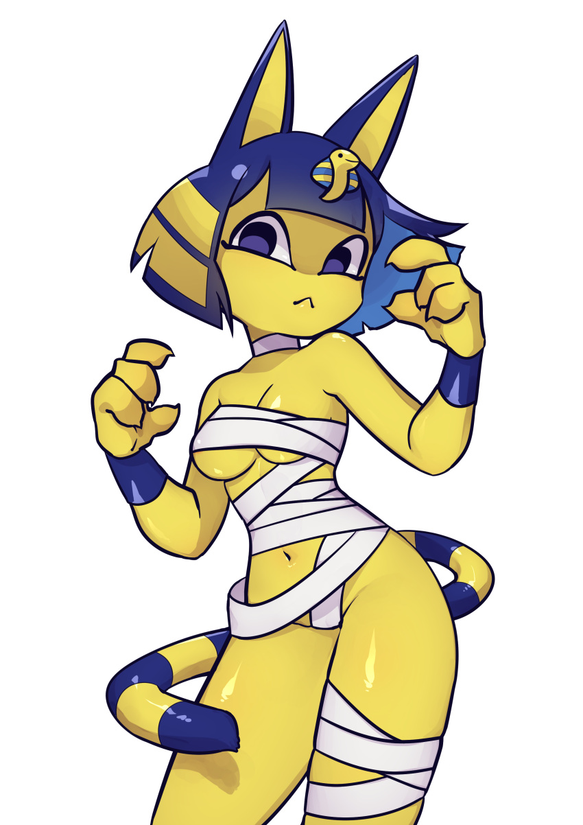 2020 :&lt; absurd_res animal_crossing ankha_(animal_crossing) anthro arms_above_head bandage blue_eyes blue_hair bob_cut breasts chami choker claws domestic_cat felid feline felis female hair hi_res jewelry mammal navel necklace nintendo portrait short_hair simple_background solo striped_tail stripes three-quarter_portrait under_boob uraeus video_games white_background yellow_body