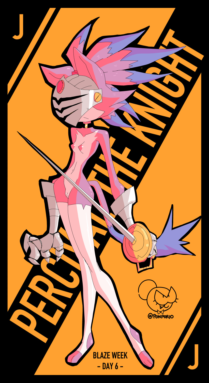 absurd_res anthro armor blaze_the_cat breasts card domestic_cat felid feline felis female genitals hair headgear helmet hi_res mammal melee_weapon pinup ponporio_(artist) ponytail pose pussy sega sir_percival_(sonic_and_the_black_knight) solo sonic_and_the_black_knight sonic_storybook_series sonic_the_hedgehog_(series) sword weapon