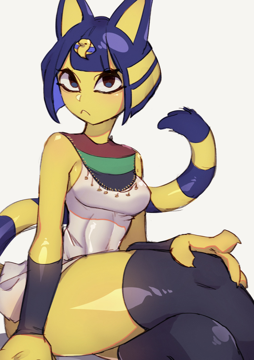 2020 :&lt; absurd_res animal_crossing ankha_(animal_crossing) anthro bare_shoulders blue_eyes blue_hair bob_cut bottomwear chami claws clothing crossed_legs domestic_cat felid feline felis female fur hair hi_res mammal nintendo short_hair simple_background sitting skirt solo striped_tail stripes thick_thighs uraeus video_games white_background yellow_body yellow_fur