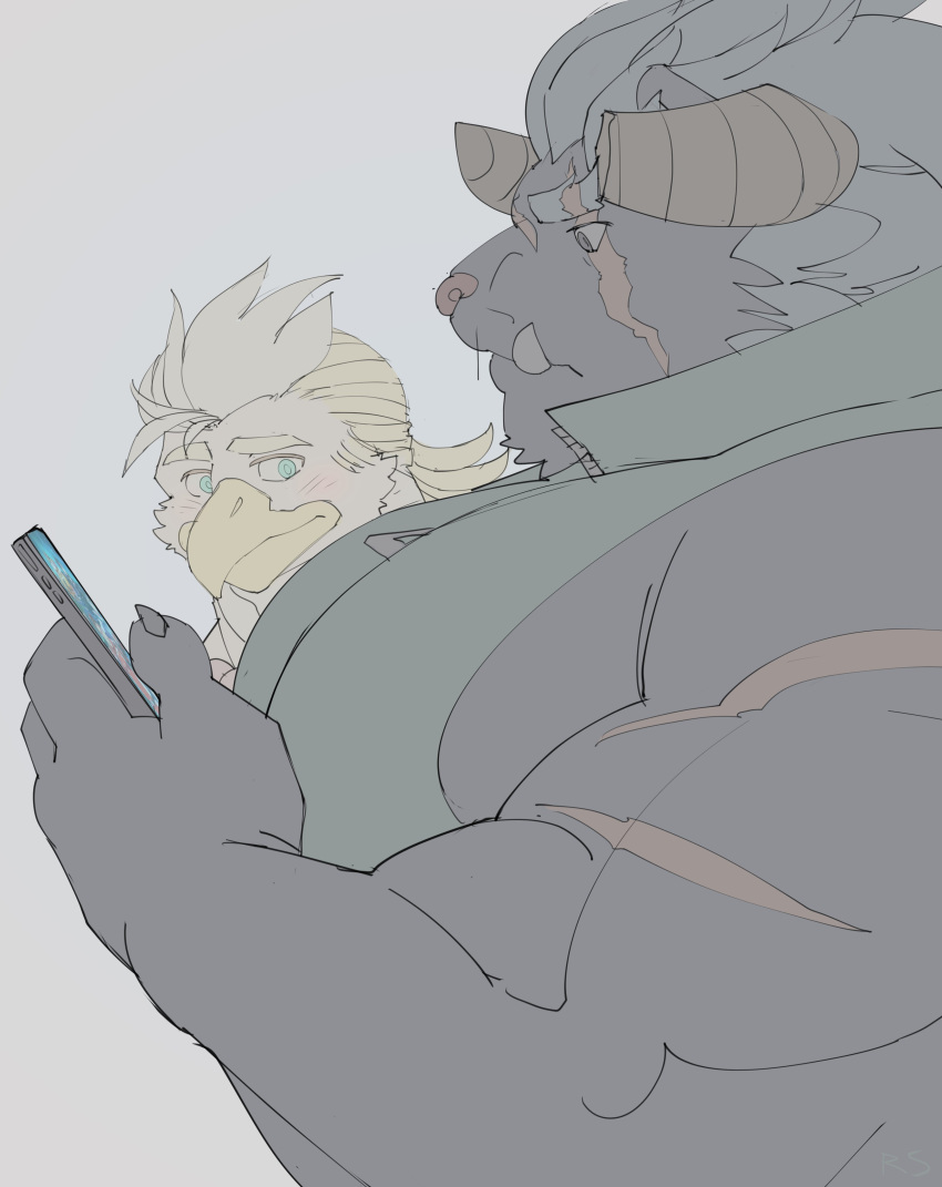 absurd_res accipitrid accipitriform anthro avian bird blush cellphone duo eagle girl_staring_at_man's_chest hi_res horn krampus_(housamo) male male/male meme monster muscular muscular_anthro muscular_male pecs phone ripped-saurian scar smartphone thunderbird_(tas) tokyo_afterschool_summoners tusks video_games